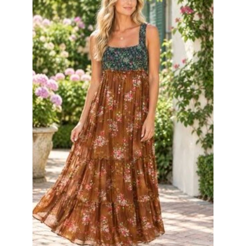Natural Life Floral Tiered Maxi Dress Boho Colorblock Square Neck Womens Size S